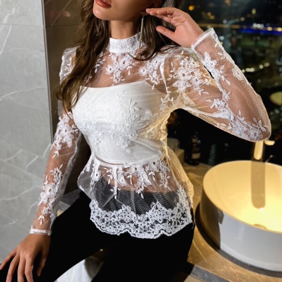 Black Floral Embroidered Sheer Babydoll Blouse - Picture 6 of 9